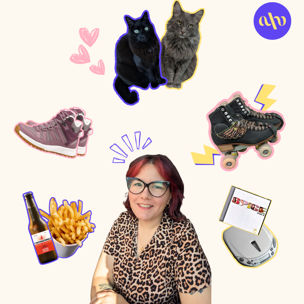 amélie hennequin, copywriter freelance, entourée de rollers, chats, CD des spice girls, chaussures de marche