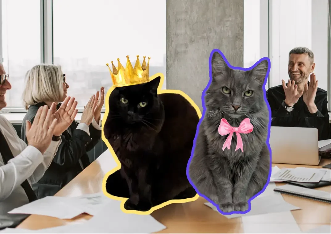 black cat wearing a crown, grey cat wearing a bow tie, in an office setting