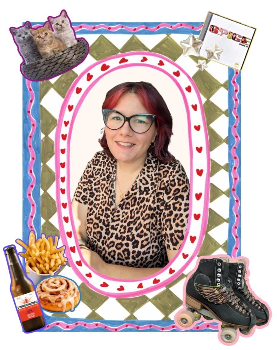 amélie hennequin, french copywriter, in a whimsical frame with stickers: cats, rollerskates, pastry, fries, beer, spice girls cd