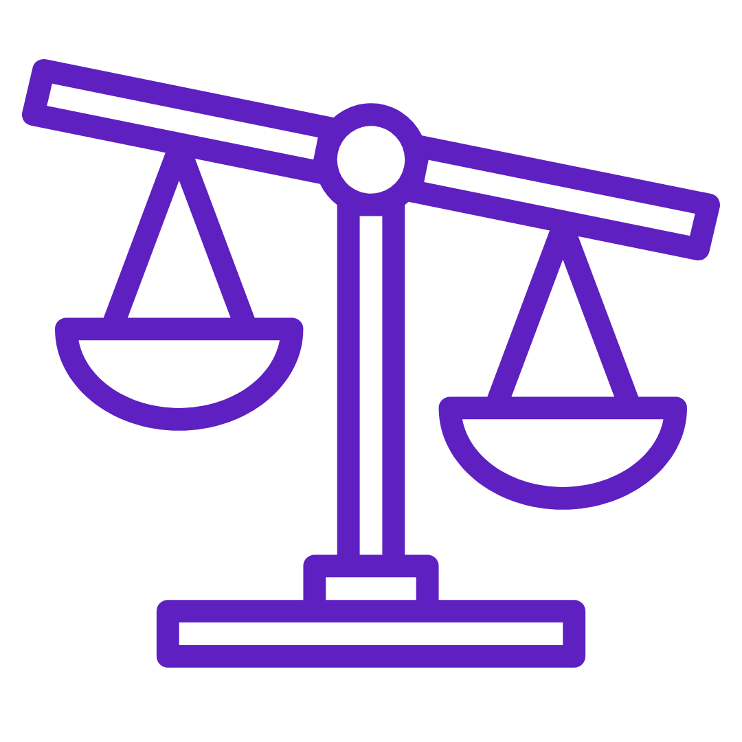 Outline of a balance scale in purple.