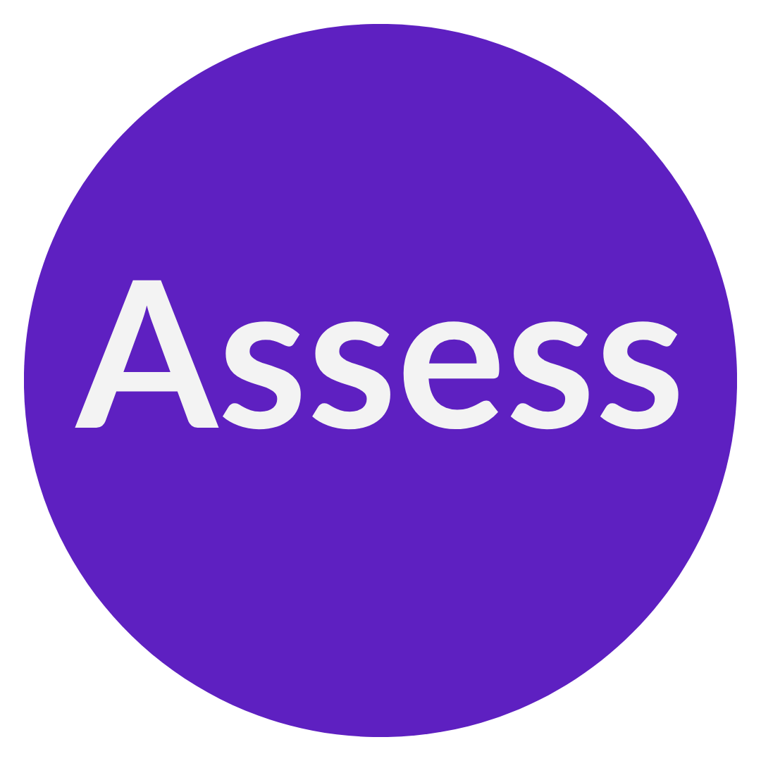 A purple circular button with the word 'Assess' in white text.