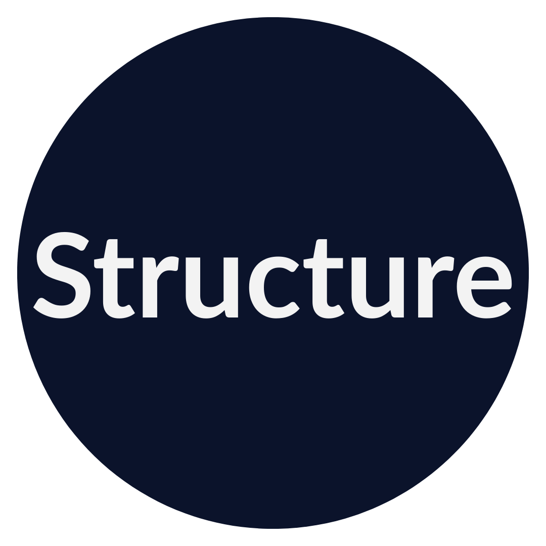 Dark blue circular background with large white text that reads "Structure".