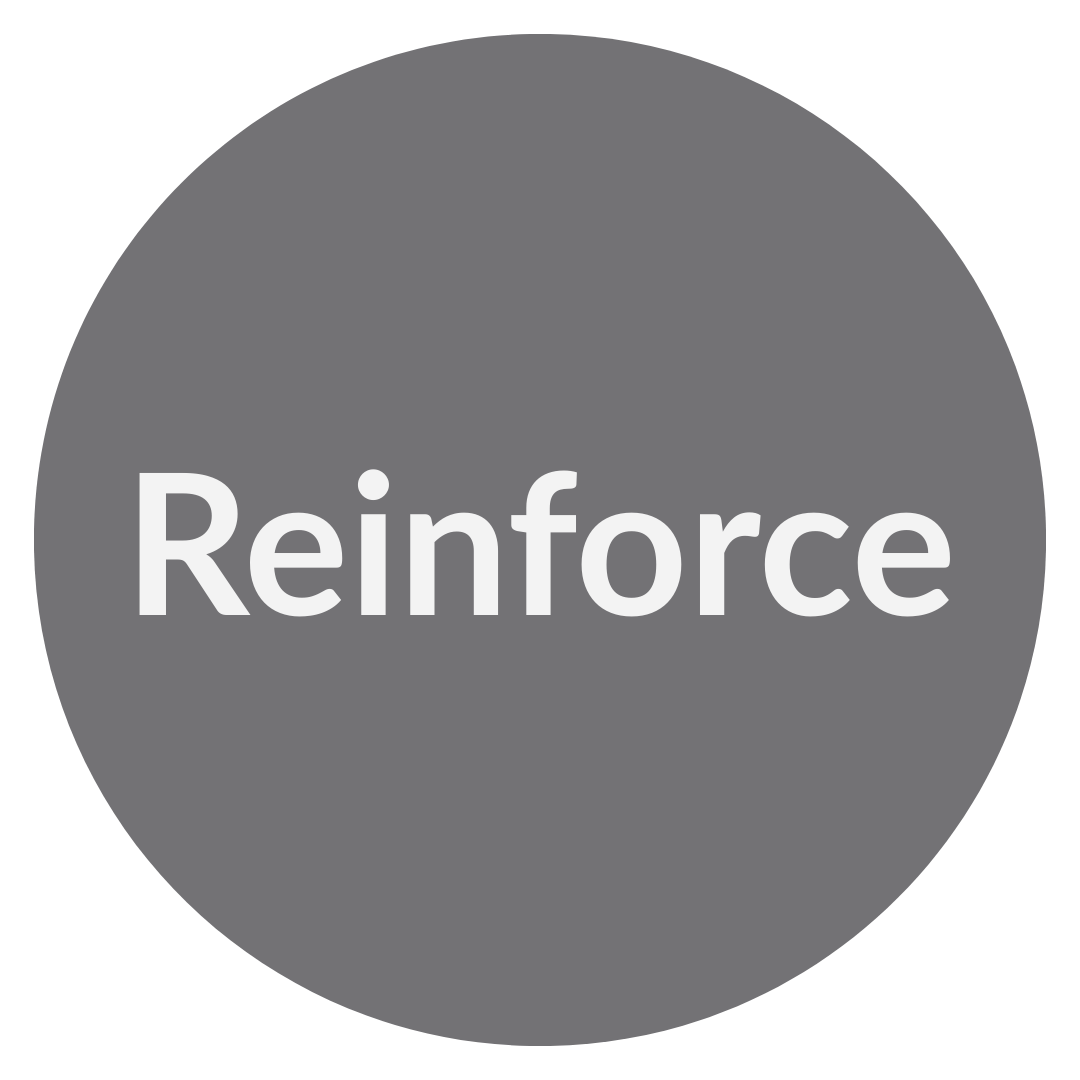 Gray circle with the word 'Reinforce' in white text.