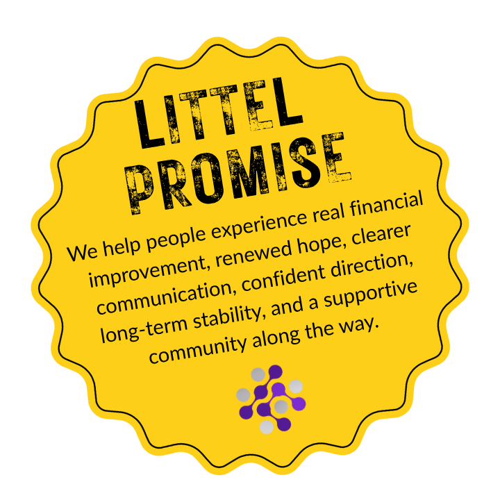 Yellow badge with black text reading "LITTLE PROMISE" and additional text below describing financial improvement and community support, featuring a purple and gray logo at the bottom.