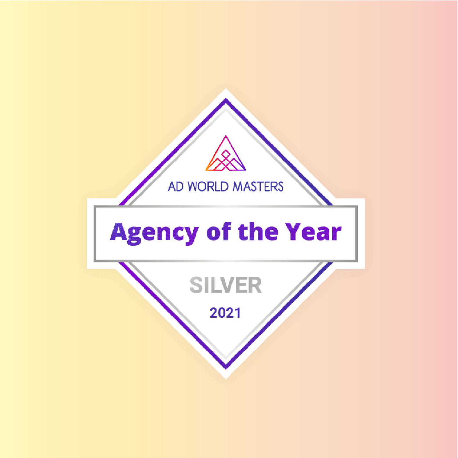 A certificate or award badge with the text "Agency of the Year" and "Silver" for 2021, with a colorful gradient background from yellow to orange.
