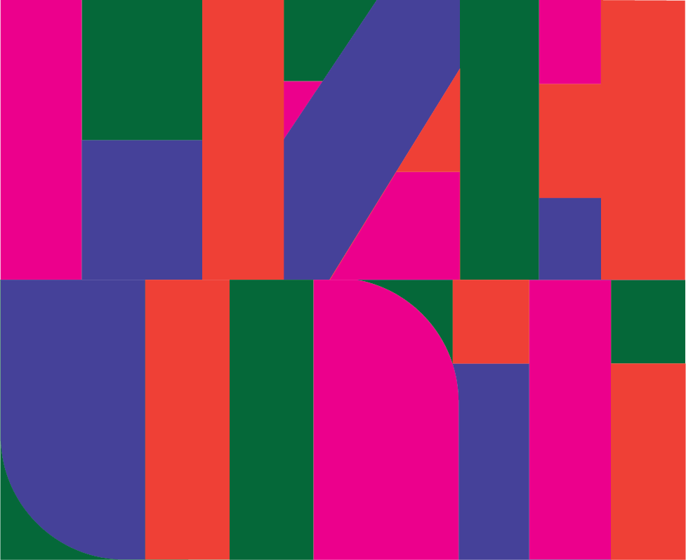 Abstract colorful geometric pattern with various rectangles and squares in pink, green, red, and purple.