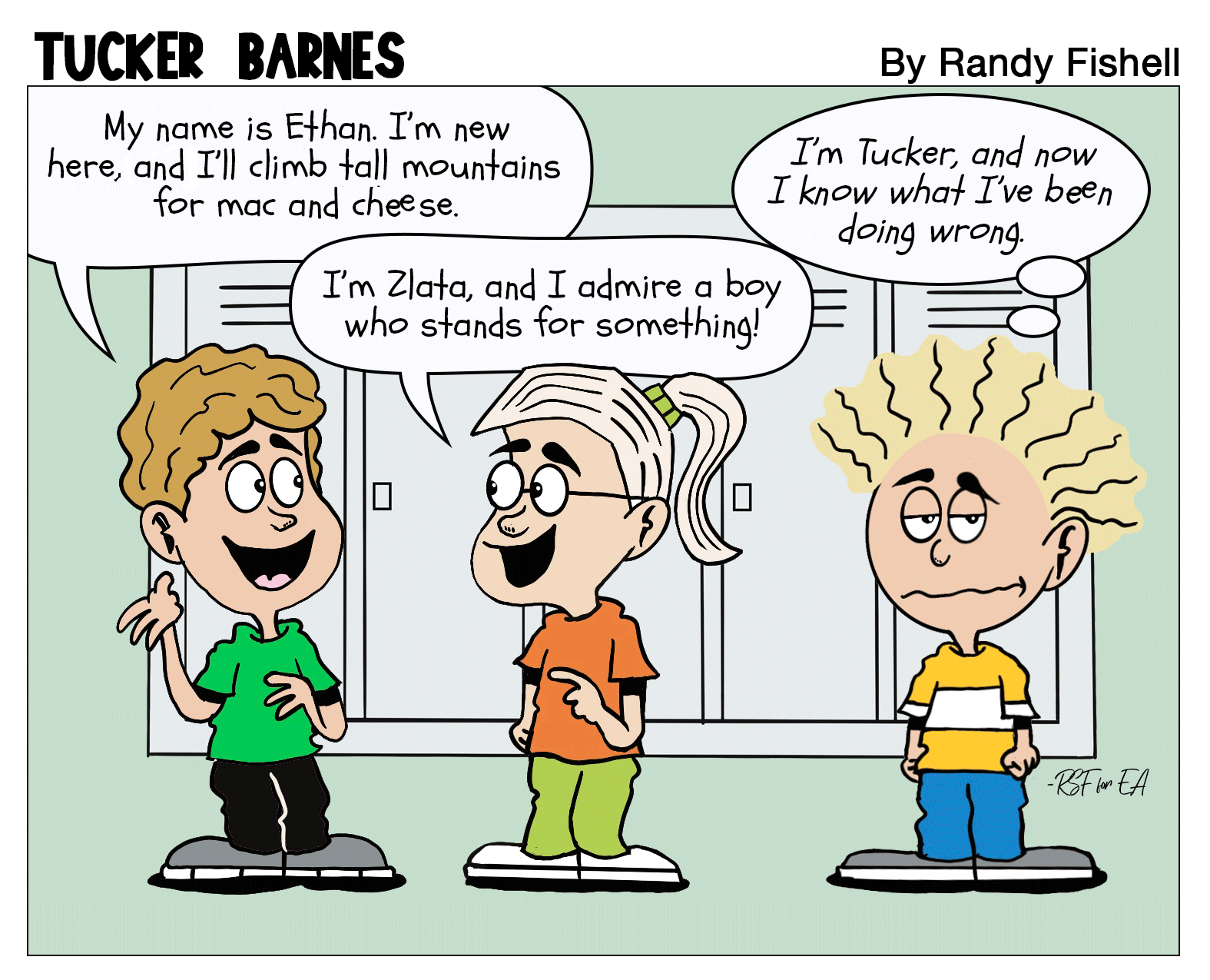 A cartoon comic strip titled "Tucker Barnes" by Randy Fishell. It depicts three children standing in front of a school locker. The child on the left is a boy with curly hair in a green shirt, speaking with a smile. The girl in the middle has glasses,