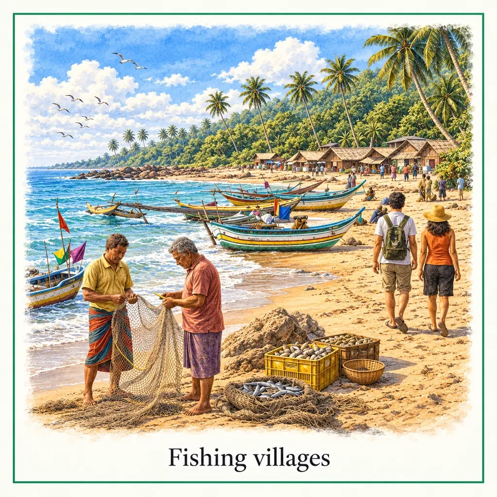 Watercolour postcard of fishing villages Tangalle Sri Lanka local fishermen traditional boats coastal life