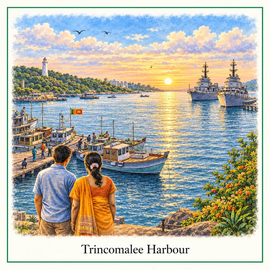 Watercolour postcard of Trincomalee Harbour Sri Lanka natural harbor boats sunset coastal city