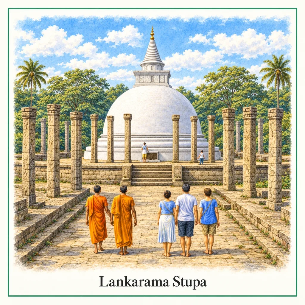 Watercolor postcard: Lankarama Stupa Anuradhapura Sri Lanka ancient Buddhist stupa stone pillars sacred site