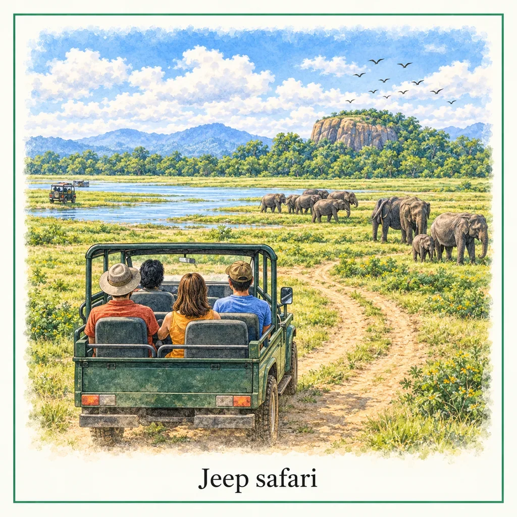 Watercolour postcard of Minneriya National Park jeep safari Sri Lanka elephants safari wildlife experience