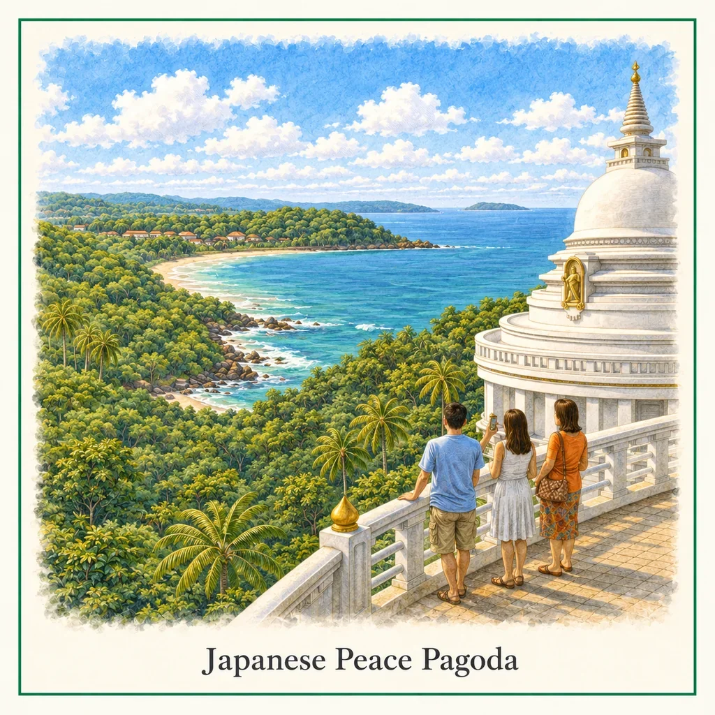 Watercolour postcard of Japanese Peace Pagoda Unawatuna Sri Lanka jungle view panoramic coastal temple