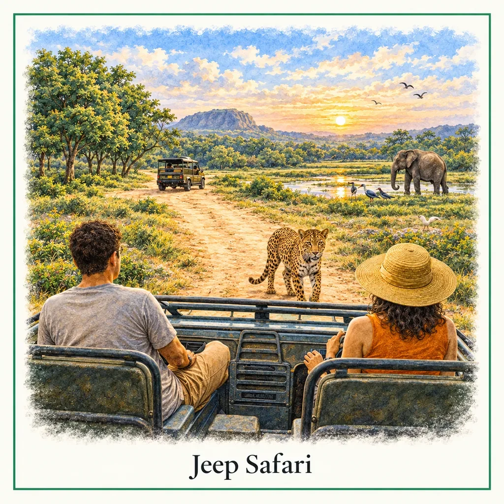Watercolour postcard of Yala National Park jeep safari Sri Lanka leopard elephant wildlife sunset