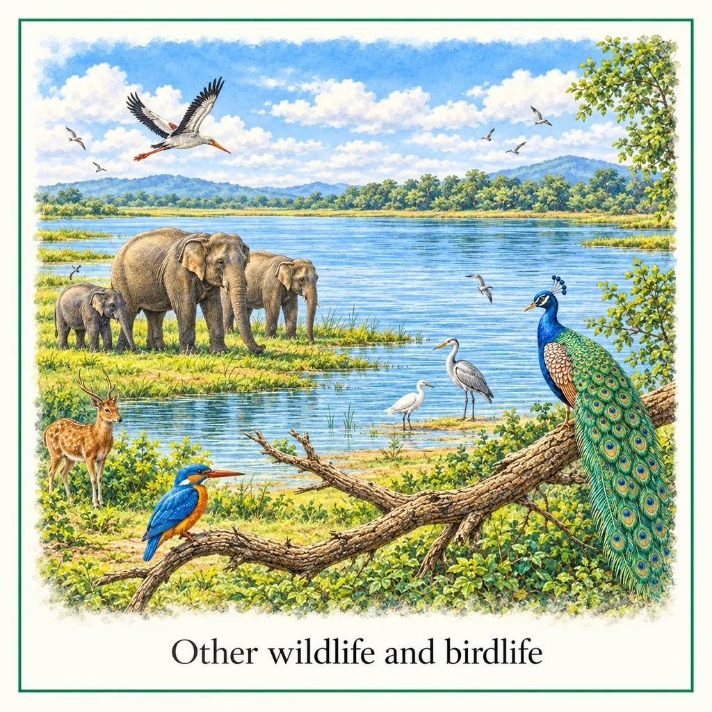 Watercolour postcard of Minneriya National Park wildlife birdlife Sri Lanka deer birds nature safari animals