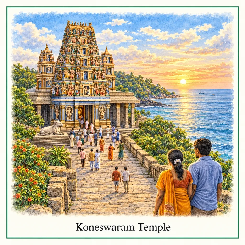 Watercolour postcard of Koneswaram Temple Trincomalee Sri Lanka cliff temple ocean view Hindu temple