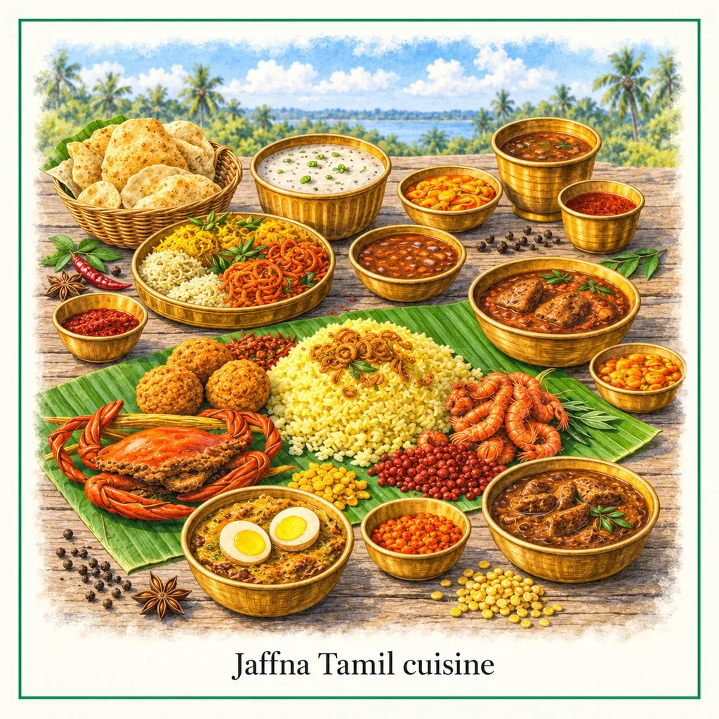 Watercolour postcard of Jaffna Tamil cuisine Sri Lanka traditional food spicy curries local dishes travel experience