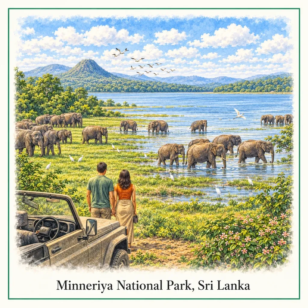 Watercolour postcard of Minneriya National Park Sri Lanka elephants gathering safari wildlife