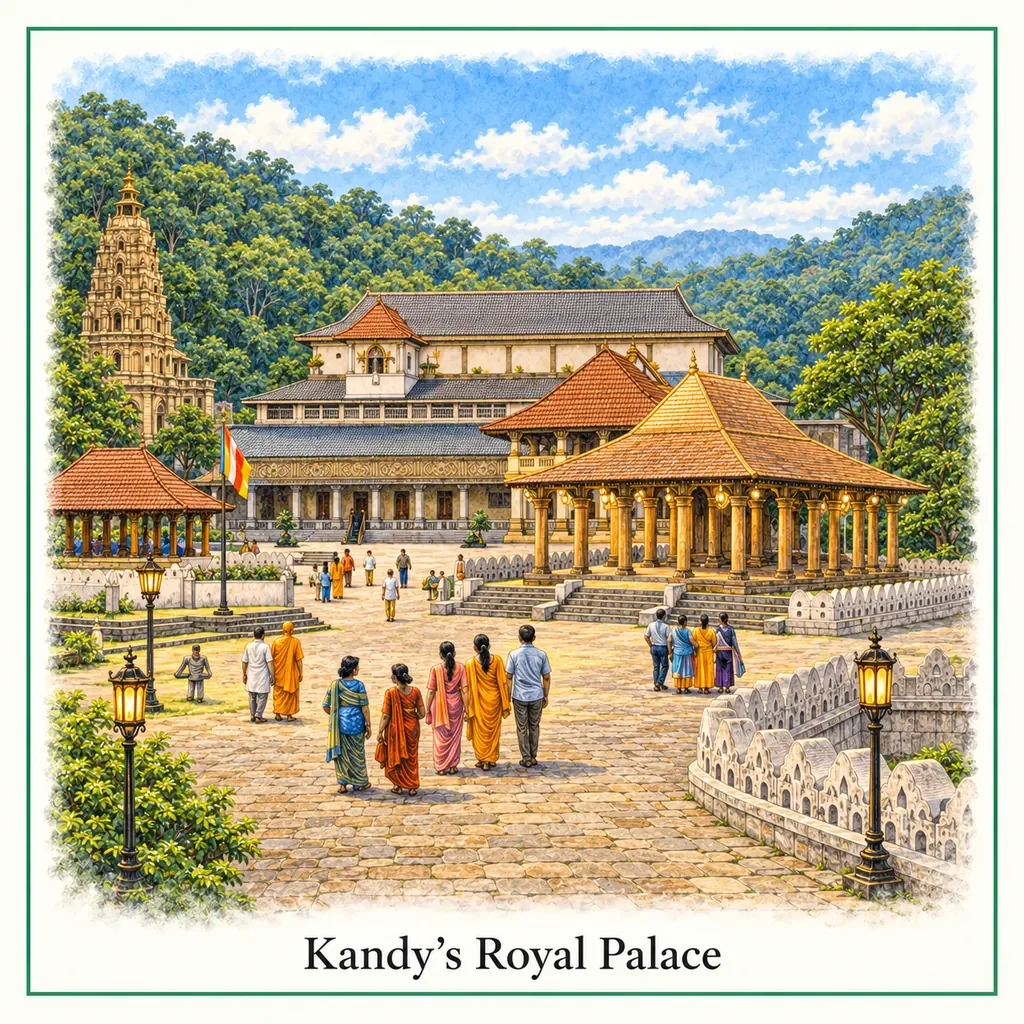 Watercolour postcard of Kandy Royal Palace Sri Lanka historic royal complex near Temple of the Tooth