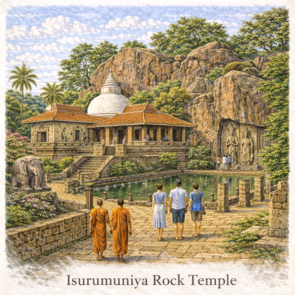 Isurumuniya Rock Temple Anuradhapura Sri Lanka ancient Buddhist site rock carvings lotus pond