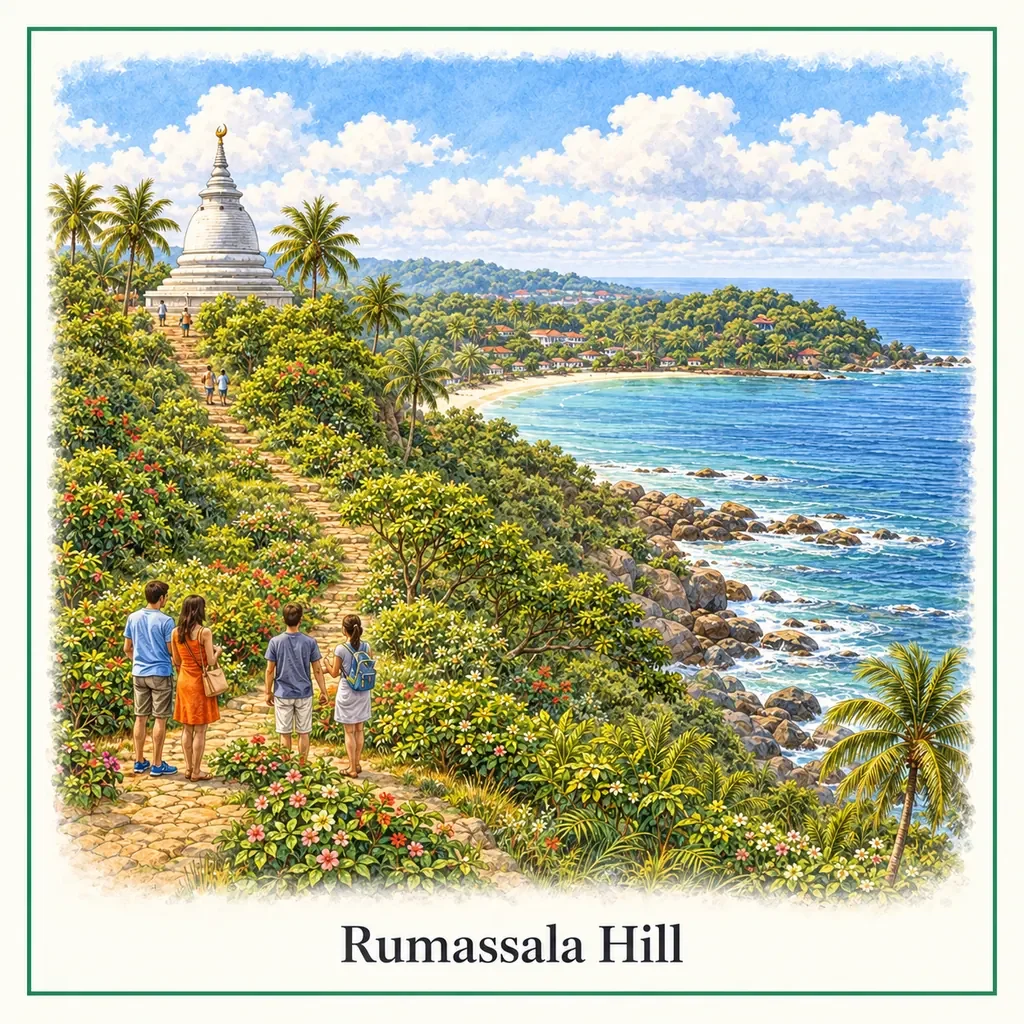 Watercolour postcard of Rumassala Hill Unawatuna Sri Lanka viewpoint jungle coastline panoramic view