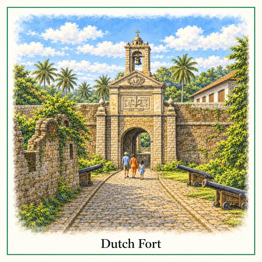 Watercolour postcard of Dutch Fort Negombo Sri Lanka colonial history old fort lagoon entrance