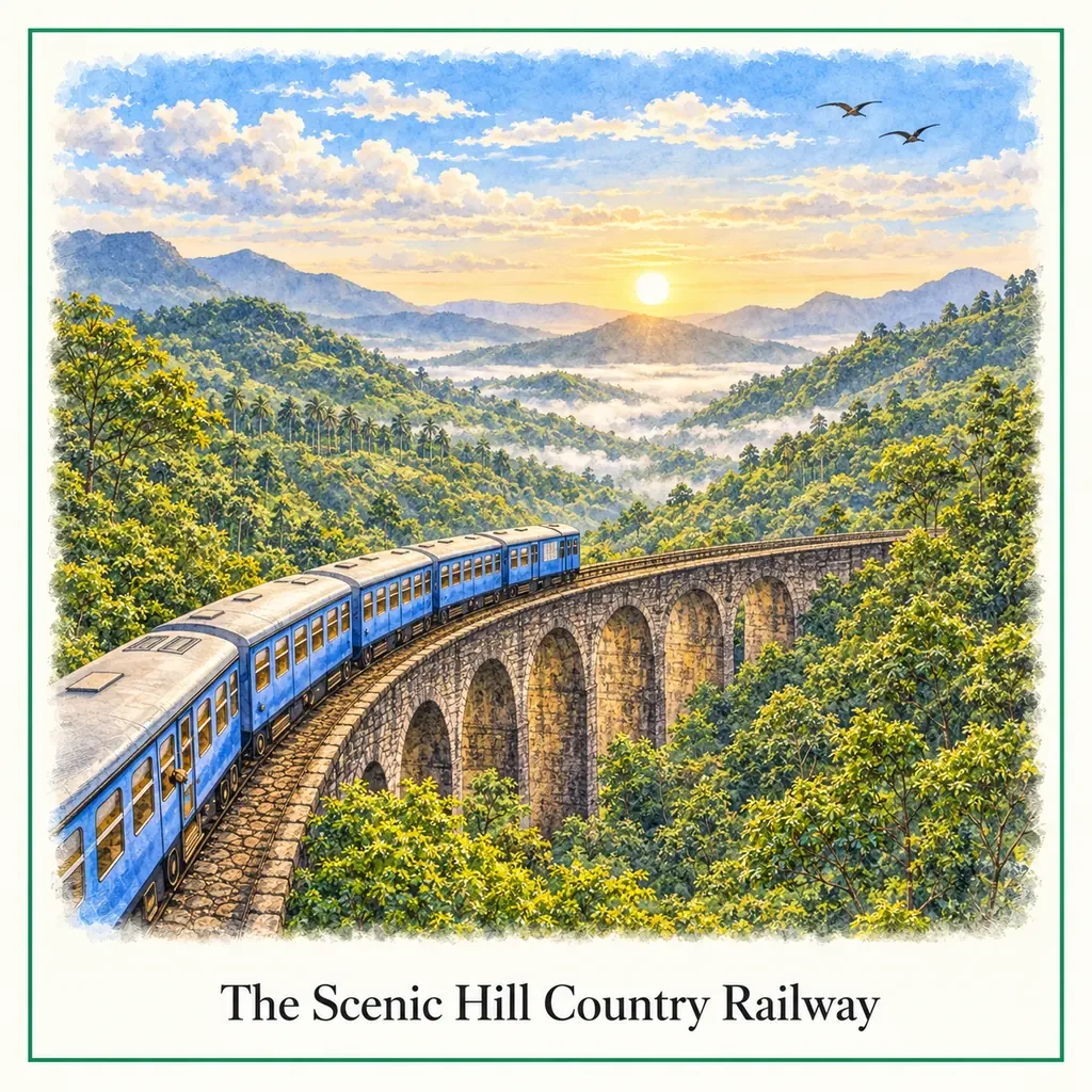 Watercolour postcard of Haputale train journey Sri Lanka scenic hill country railway tea plantations travel experience