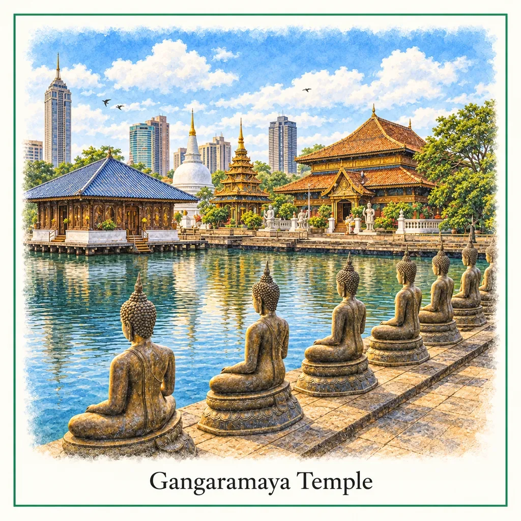 Watercolor postcard: Gangaramaya Temple Colombo Sri Lanka famous Buddhist temple cultural landmark things to do