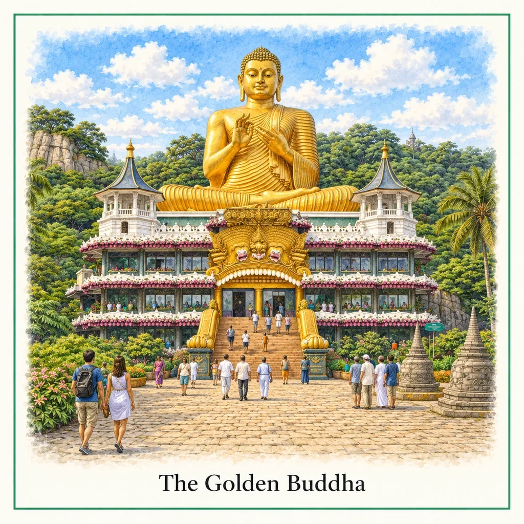 Watercolor postcard: Golden Buddha Dambulla Sri Lanka large Buddha statue temple landmark things to do
