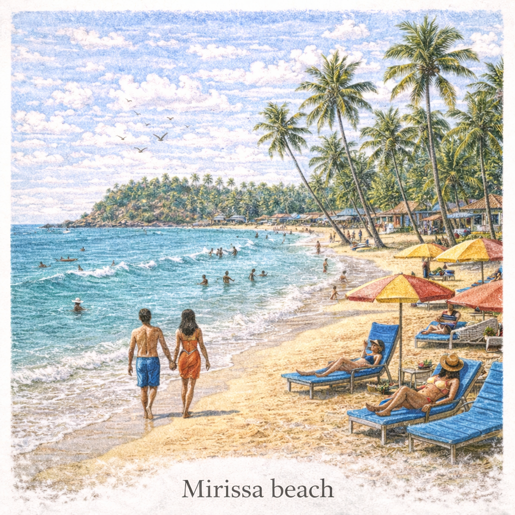 Mirissa beach Sri Lanka tropical beach palm trees swimming sunset south coast