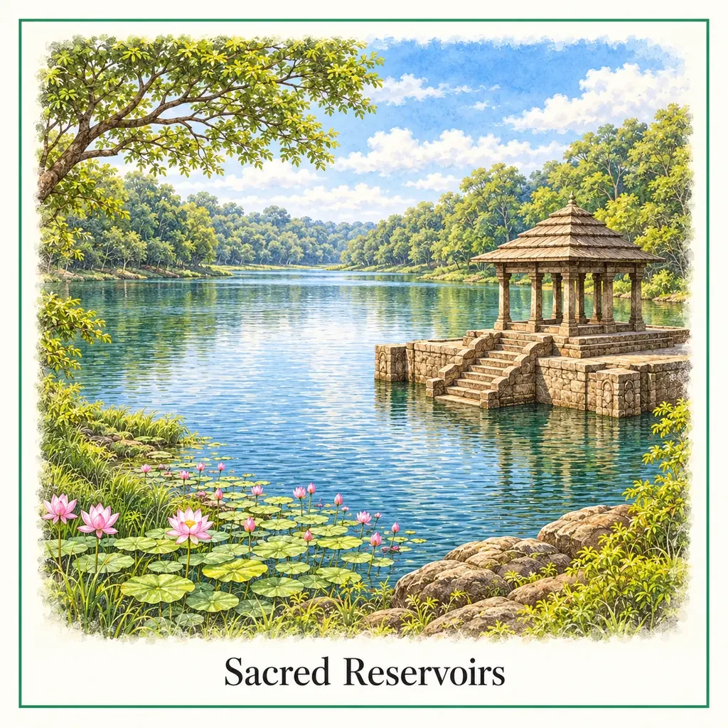 Watercolour postcard of sacred reservoirs Polonnaruwa Sri Lanka ancient water tanks lotus ponds