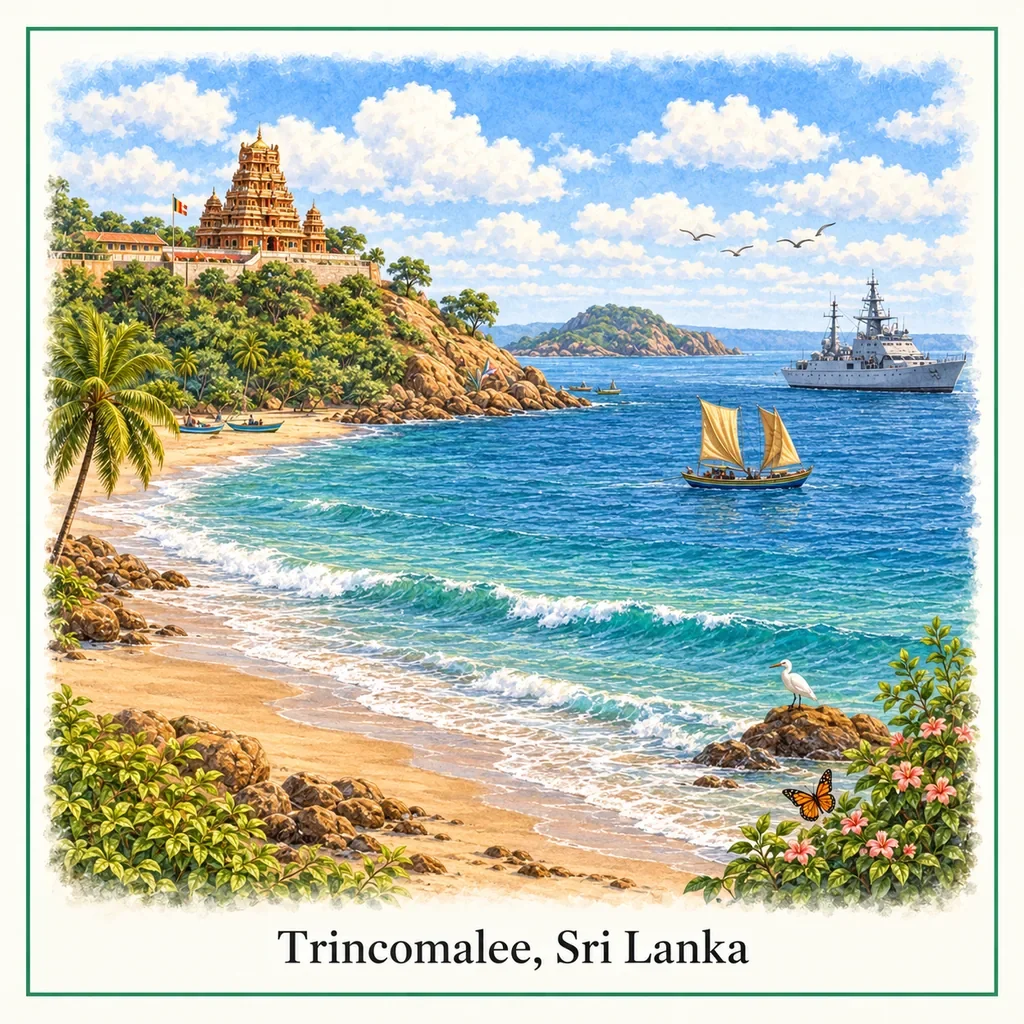 Watercolour postcard of Trincomalee Sri Lanka beach temple harbour east coast blue ocean