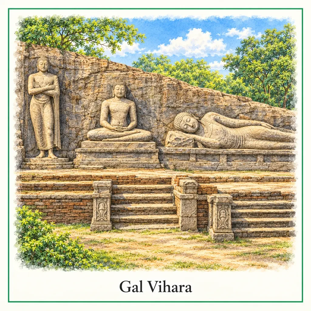 Watercolour postcard of Gal Vihara Polonnaruwa Sri Lanka Buddha statues rock temple UNESCO site