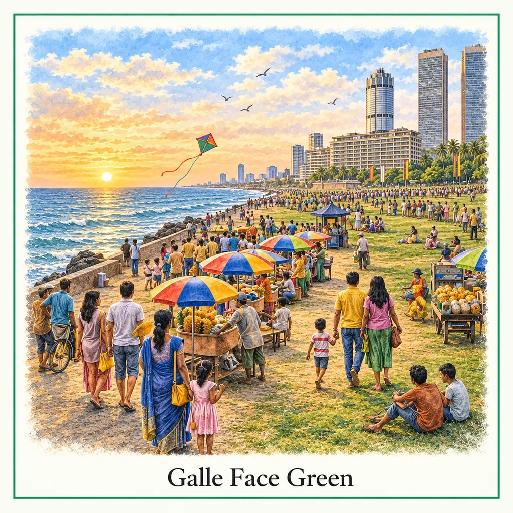 Watercolor postcard: Galle Face Green Colombo Sri Lanka seaside promenade sunset ocean park things to do Colombo