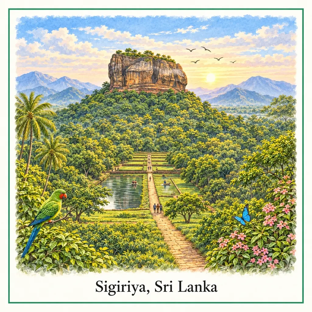 Watercolour postcard of Sigiriya