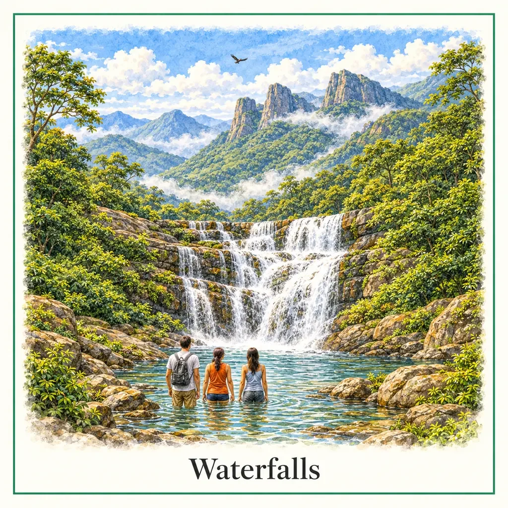 Watercolour postcard of Knuckles Mountain Range waterfalls Sri Lanka hidden jungle waterfalls tropical nature