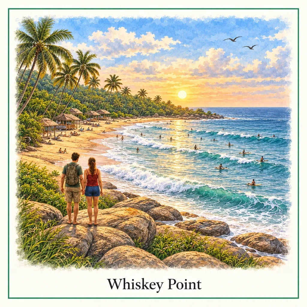 Watercolor postcard: Whiskey Point Arugam Bay Sri Lanka surf beach waves scenic coastline sunset