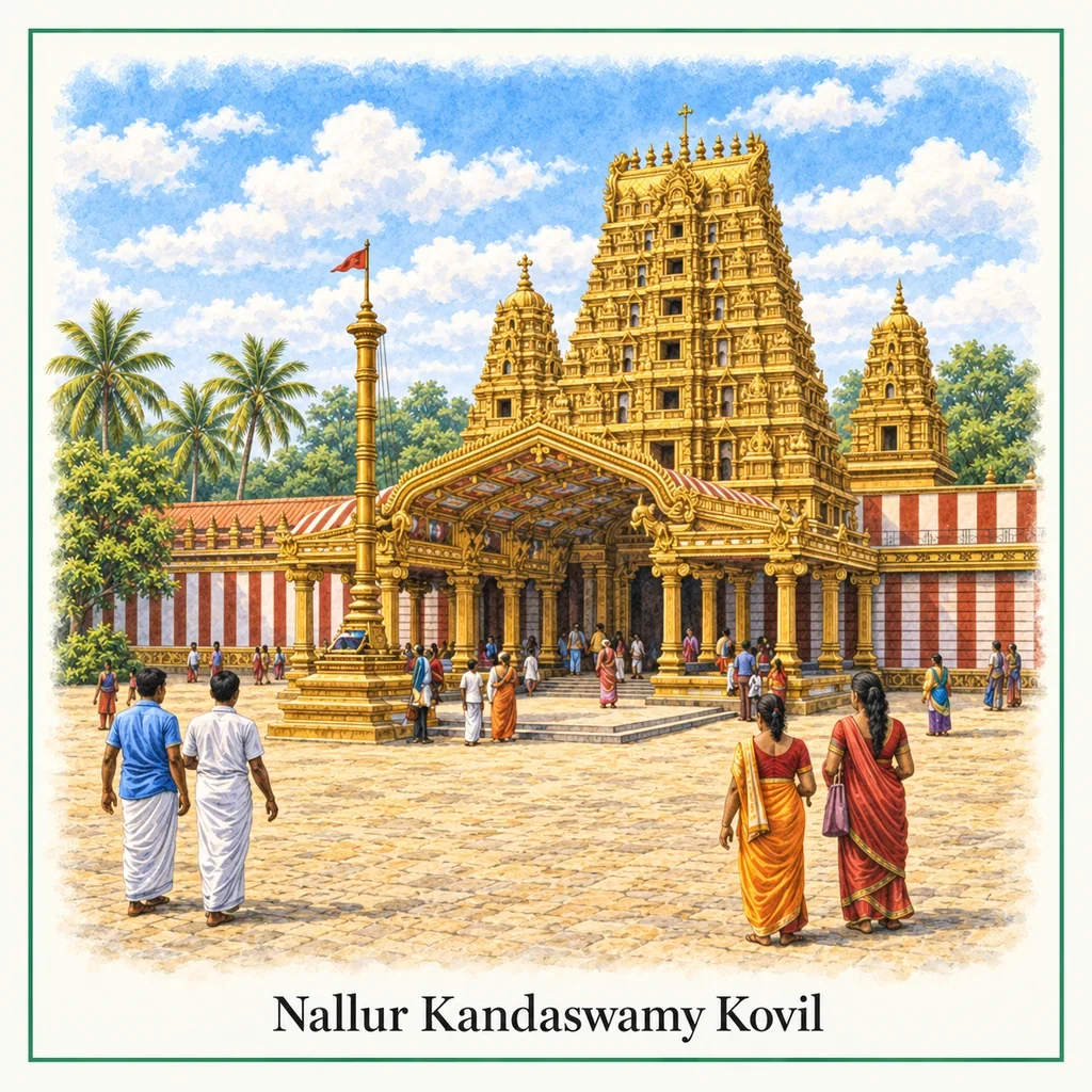 Watercolour postcard of Nallur Kandaswamy Kovil Jaffna Sri Lanka famous Hindu temple cultural landmark