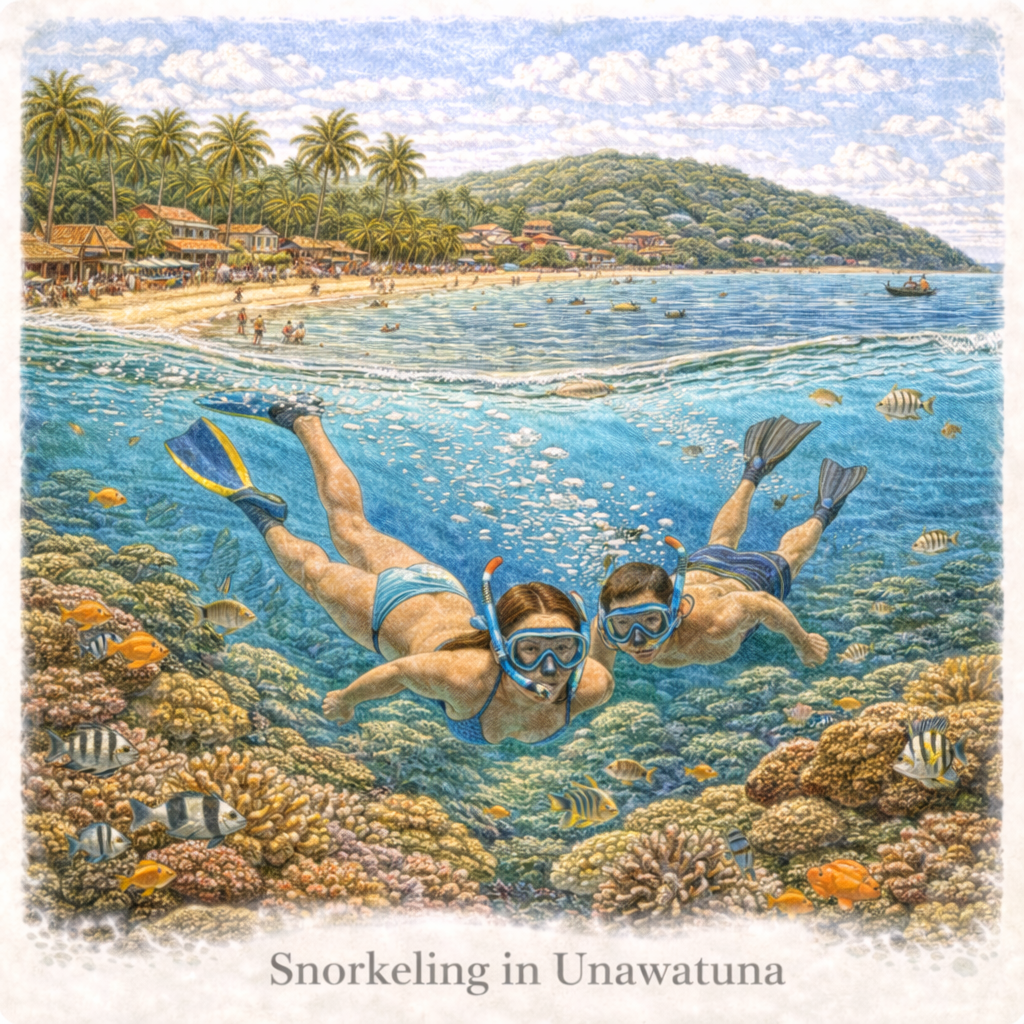 Unawatuna snorkeling Sri Lanka coral reef fish sea turtle clear water