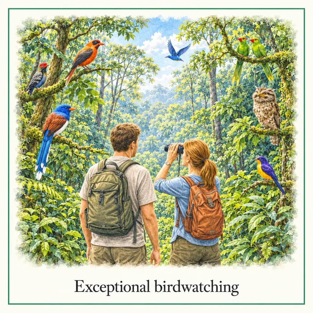 Watercolour postcard of birdwatching Sinharaja Forest Reserve Sri Lanka endemic birds rainforest wildlife