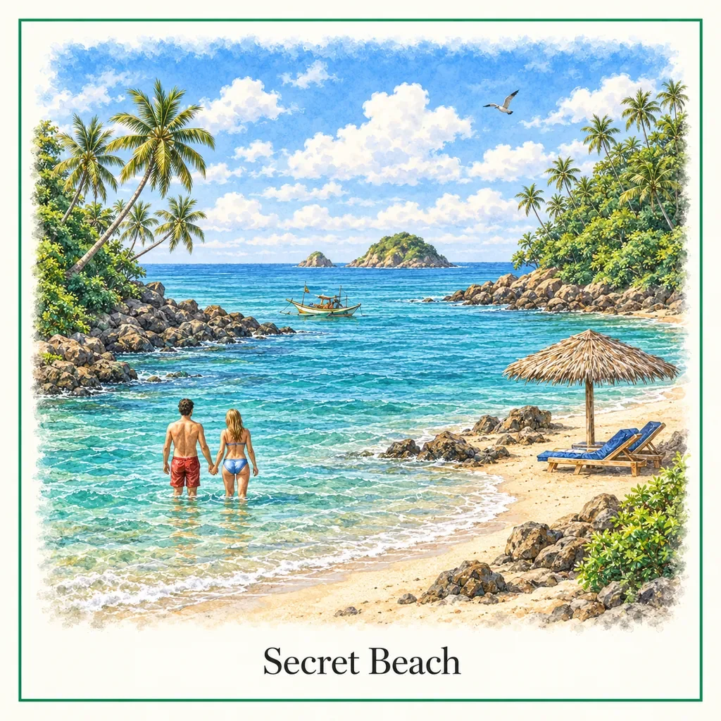 Watercolour postcard of Secret Beach Mirissa Sri Lanka hidden beach quiet bay tropical travel