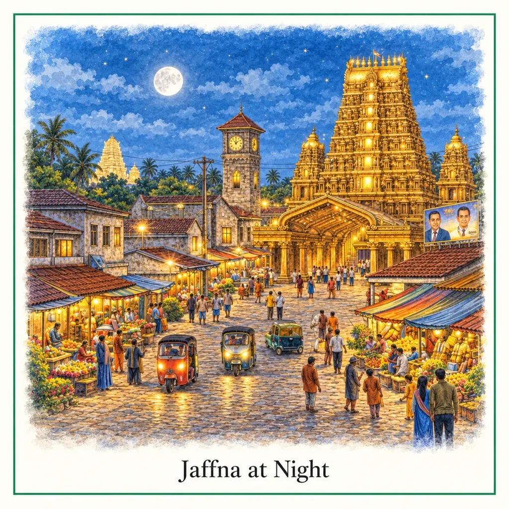 Watercolour postcard of Jaffna city at night Sri Lanka illuminated temple street market local life travel experience