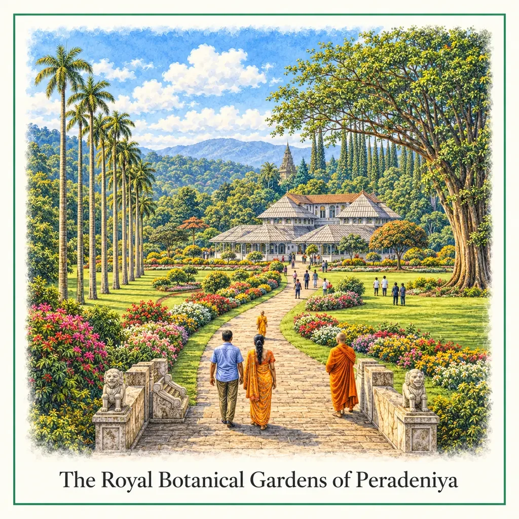 Watercolour postcard of Royal Botanical Gardens Peradeniya Kandy Sri Lanka tropical gardens palm avenue orchids
