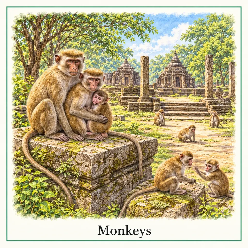Watercolour postcard of monkeys Polonnaruwa Sri Lanka wildlife ruins macaques ancient city