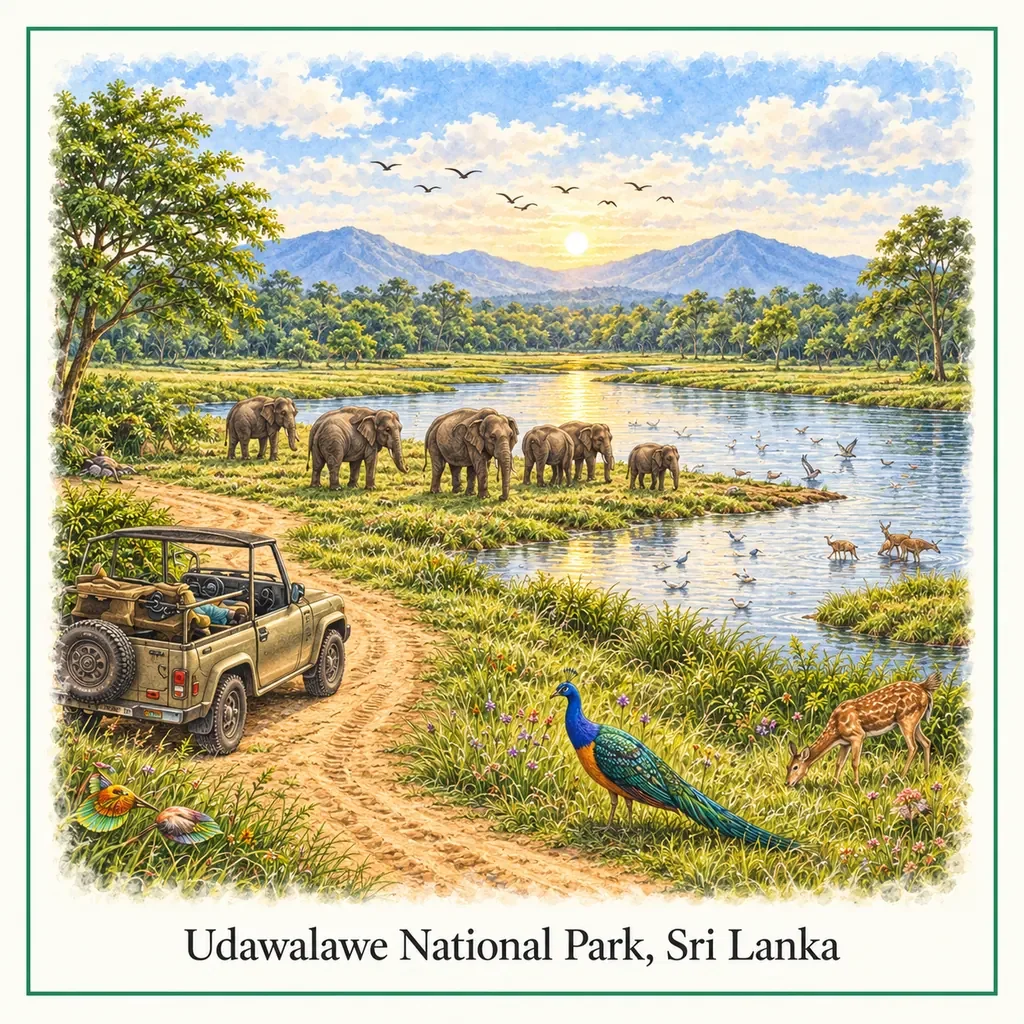 Watercolour postcard of Udawalawe National Park