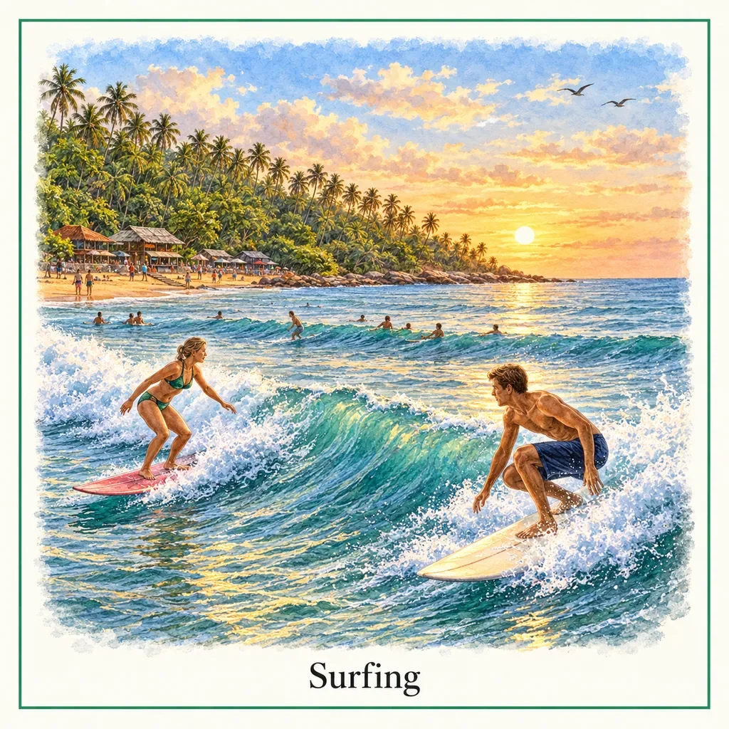 Watercolor postcard: Arugam Bay surfing Sri Lanka best surf spot waves surfers tropical beach