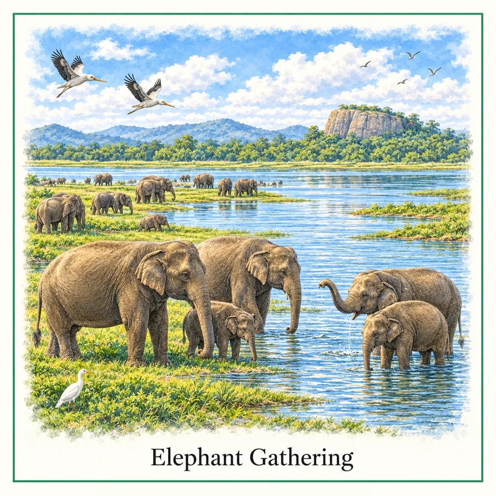 Watercolour postcard of Minneriya elephant gathering Sri Lanka large herd elephants national park safari