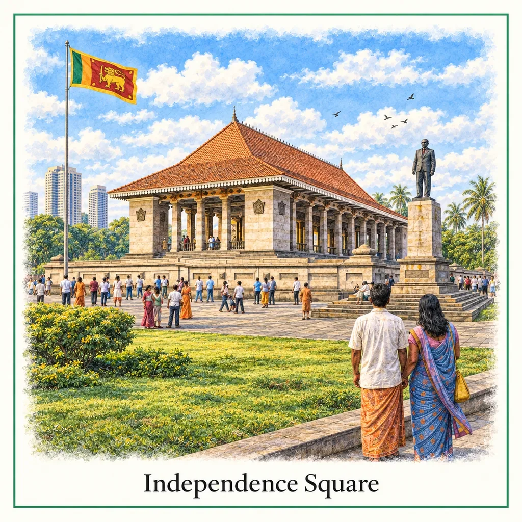 Watercolor postcard: Independence Square Colombo Sri Lanka historic monument national heritage landmark city attraction