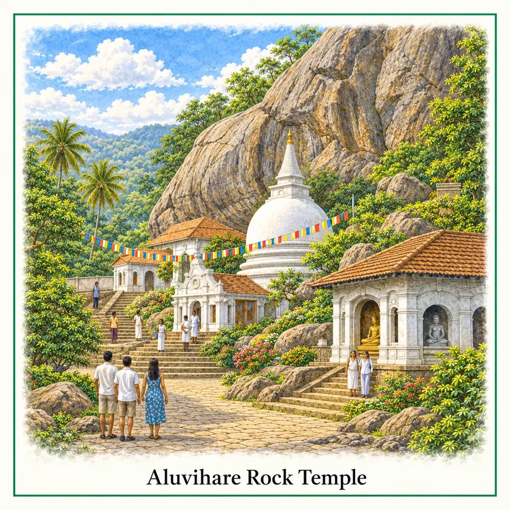 Watercolour postcard of Aluvihare Rock Temple Matale Sri Lanka cave temple Buddhist heritage historic site
