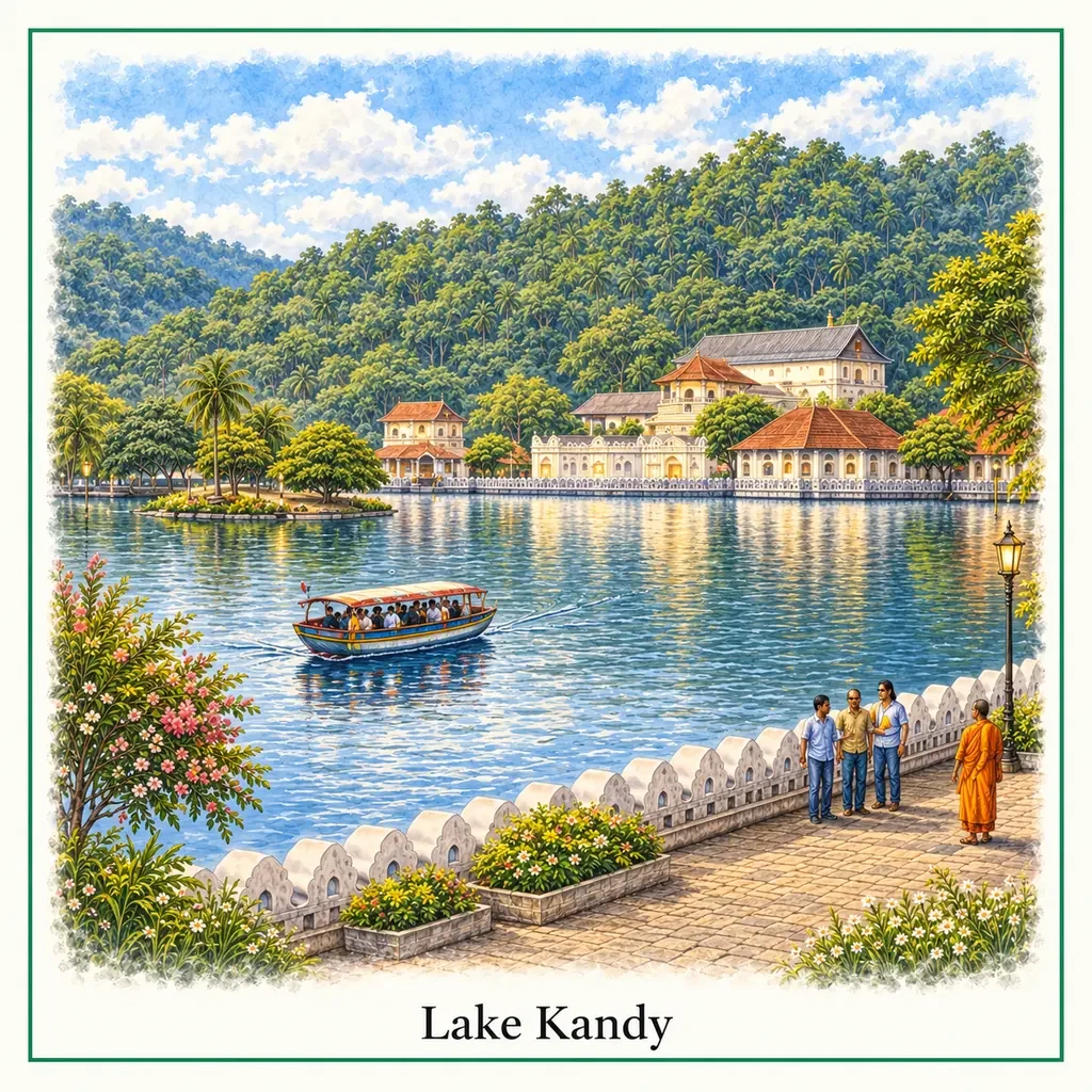 Watercolour postcard of Kandy Lake Sri Lanka scenic walk calm water city landmark things to do Kandy