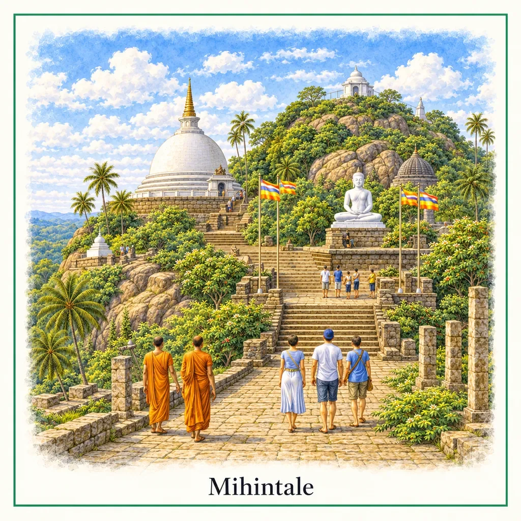 Watercolor postcard: Mihintale Anuradhapura Sri Lanka sacred Buddhist mountain birthplace of Buddhism Sri Lanka